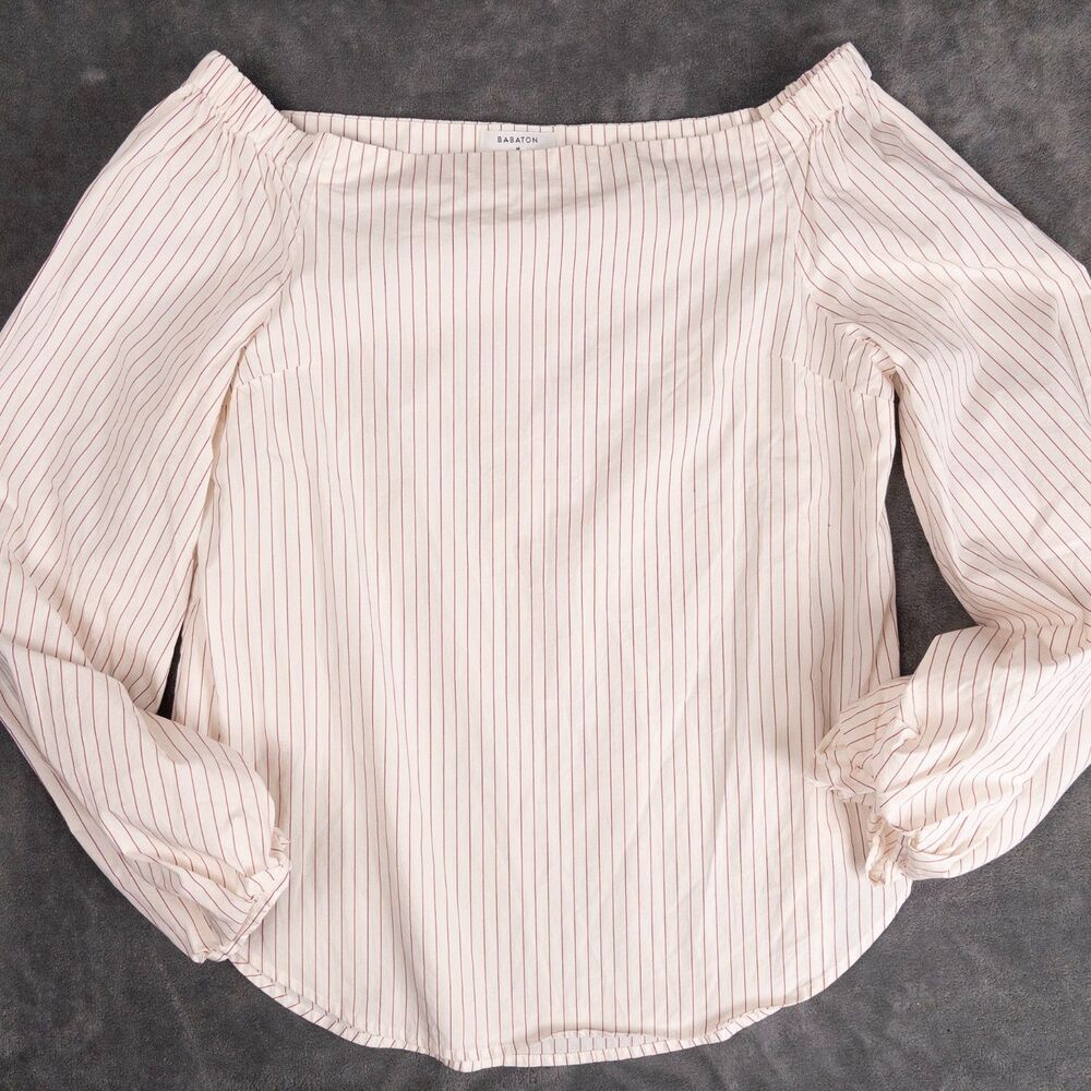 Aritzia Off-the-Shoulder Cream Blouse with Thin Red Stripes